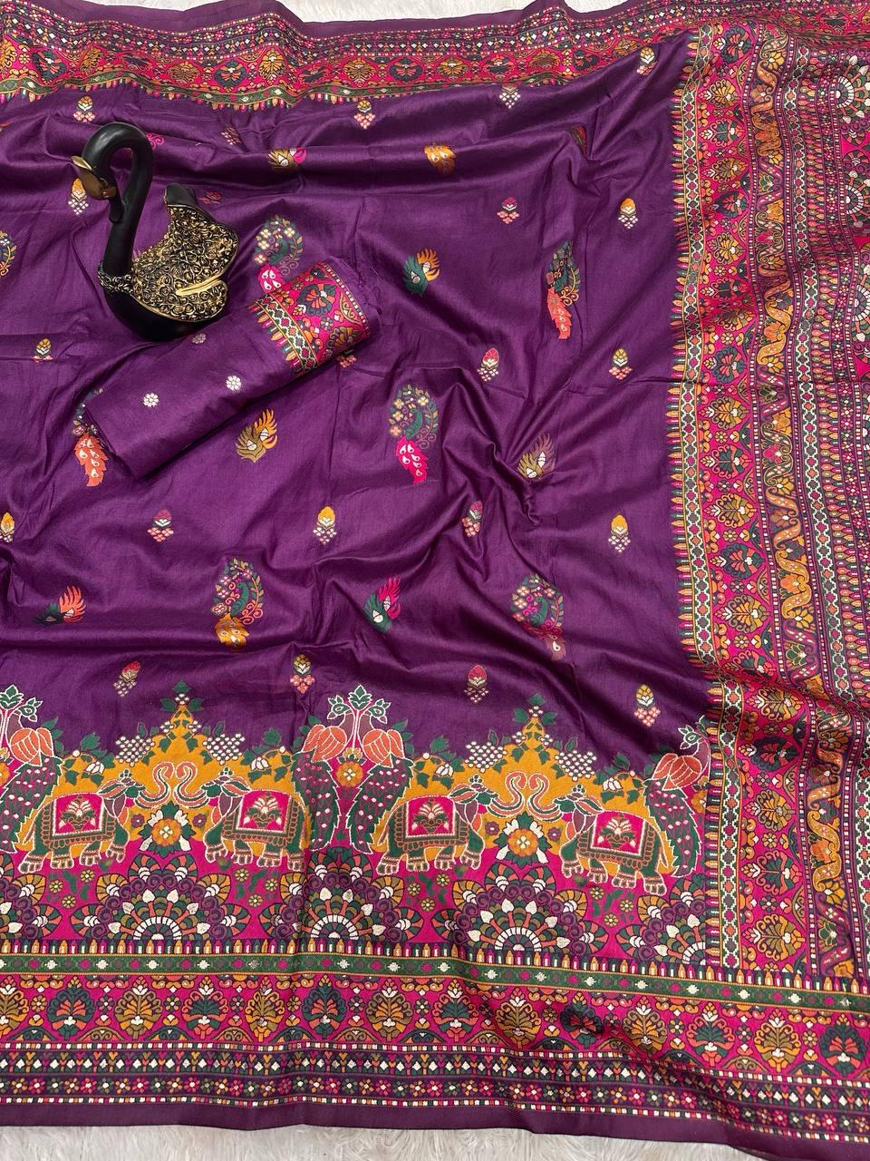 Entrancing Purple Pashmina Saree With Beleaguer Blouse Piece