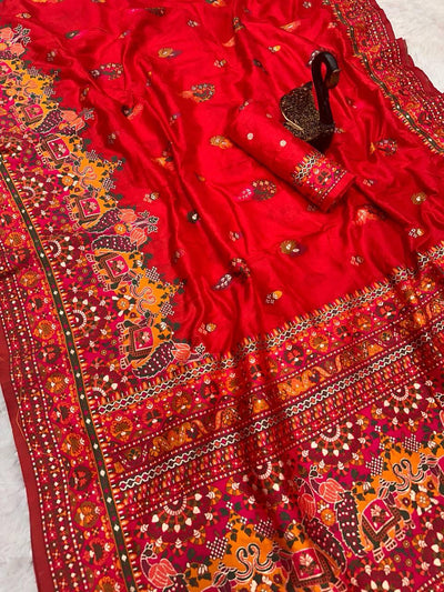 Outstanding Red Pashmina Saree With Majesty Blouse Piece