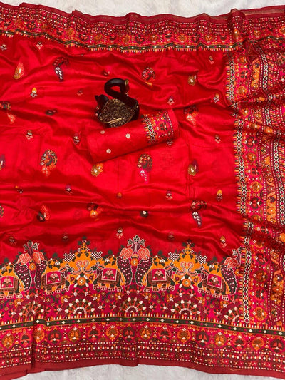 Outstanding Red Pashmina Saree With Majesty Blouse Piece