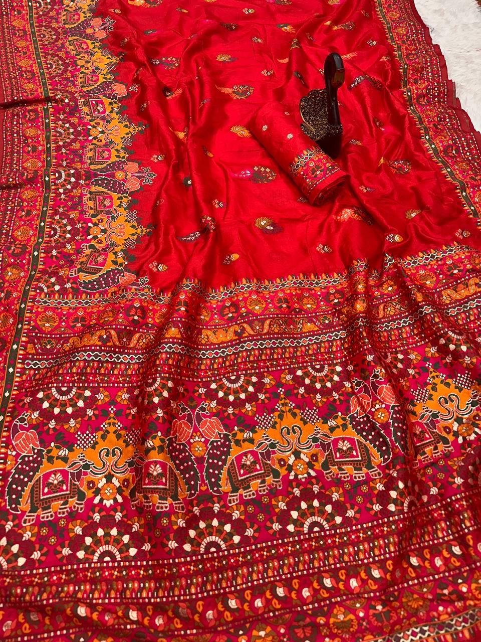 Outstanding Red Pashmina Saree With Majesty Blouse Piece