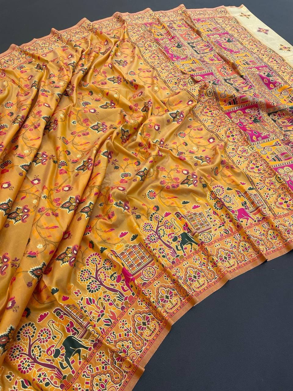 Hypnotic Yellow Pashmina Saree With Preferable Blouse Piece