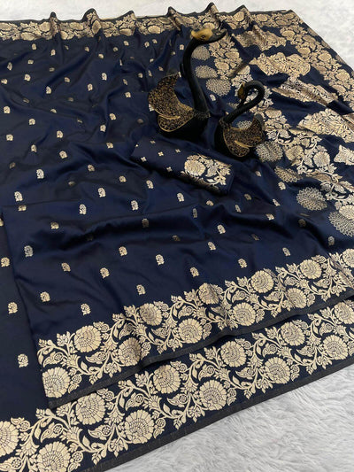 Epiphany Navy Blue Soft Banarasi Silk Saree With Dalliance Blouse Piece