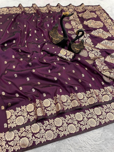 Alluring Wine Soft Banarasi Silk Saree With Attractive Blouse Piece