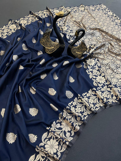 Mesmerising Navy Blue Soft Banarasi Silk Saree With Flaunt Blouse Piece