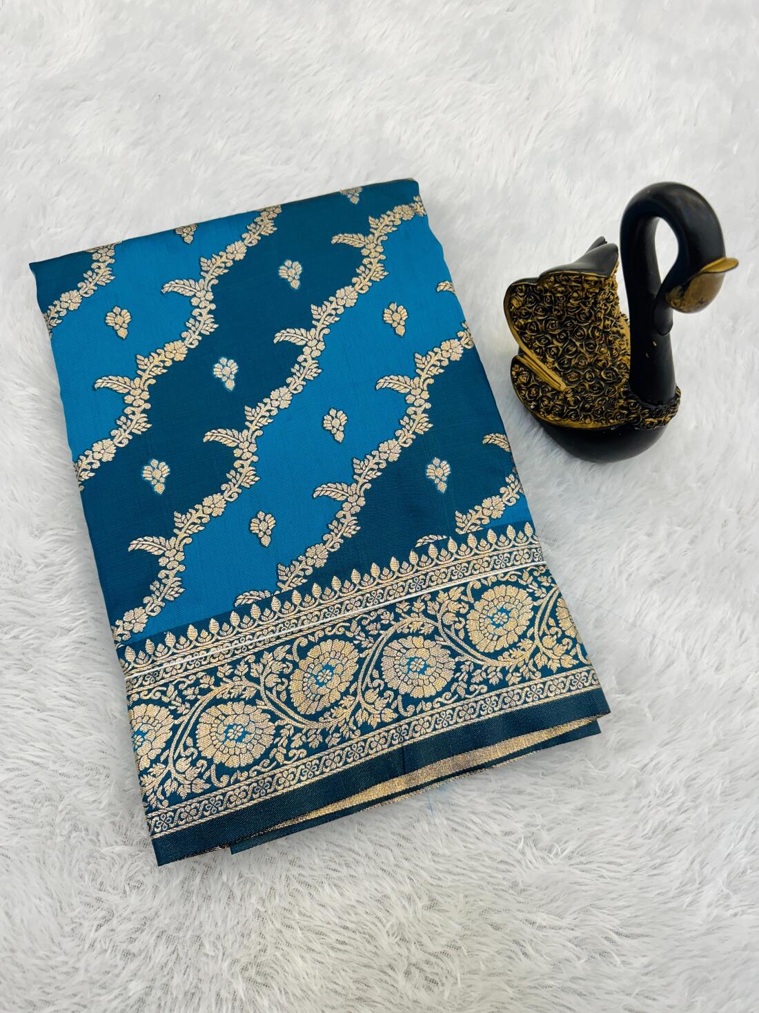 Delightful Blue Soft Banarasi Silk Saree With Elision Blouse Piece