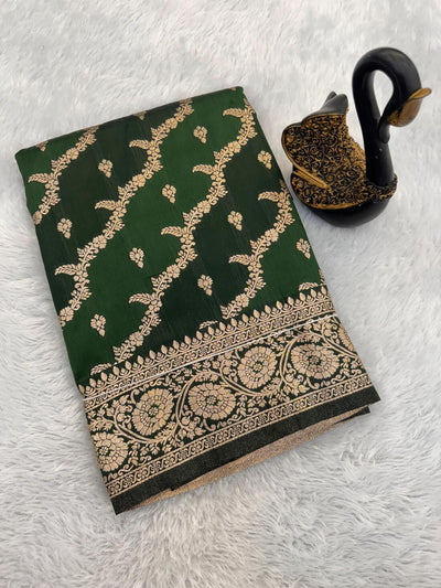 Adorable Dark Green Soft Banarasi Silk Saree With Whimsical Blouse Piece