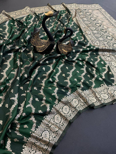 Adorable Dark Green Soft Banarasi Silk Saree With Whimsical Blouse Piece