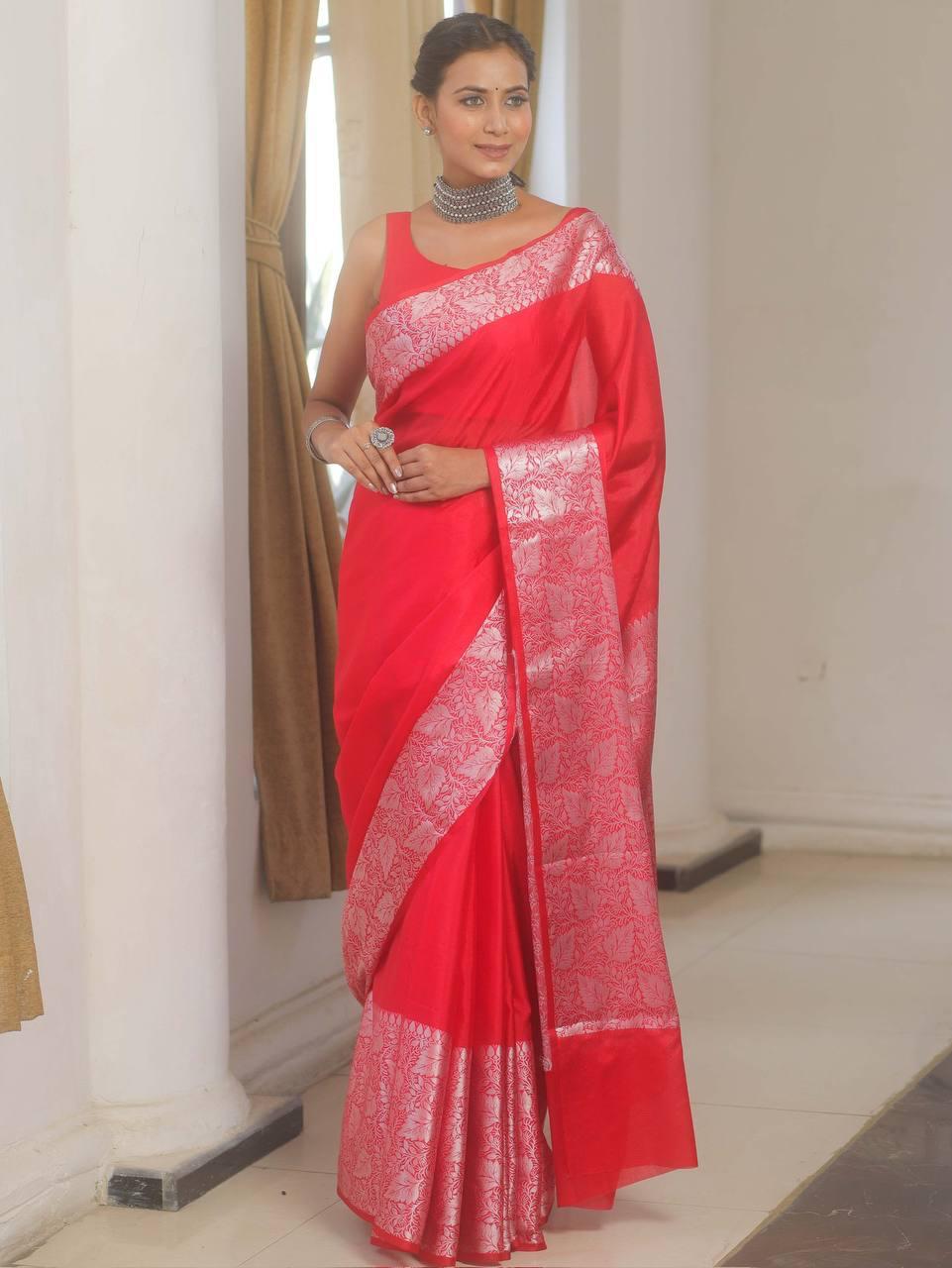 Verdant Red Soft Silk Saree With Mellifluous Blouse Piece
