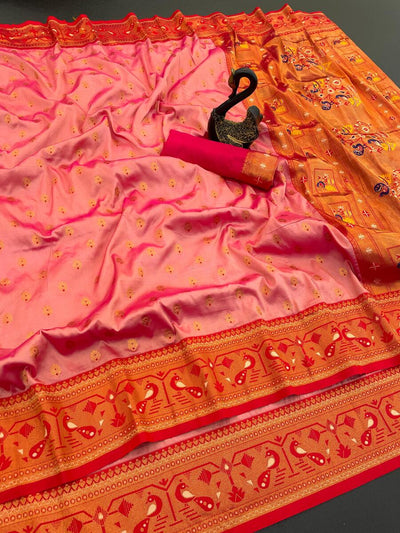 Classy Peach Paithani Silk Saree With Vibrant Blouse Piece
