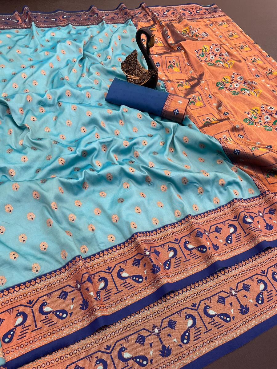 Ebullience Sky Paithani Silk Saree With Fantabulous Blouse Piece