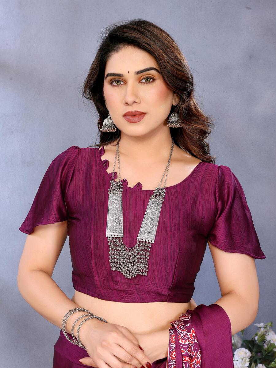 Pleasurable Purple Ajrak Printed Soft Silk Saree With Fragrant Blouse Piece