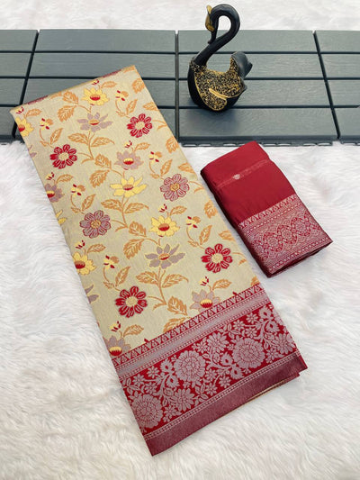 Fantabulous Beige Soft Banarasi Tissue Silk Saree With Scrumptious Blouse Piece