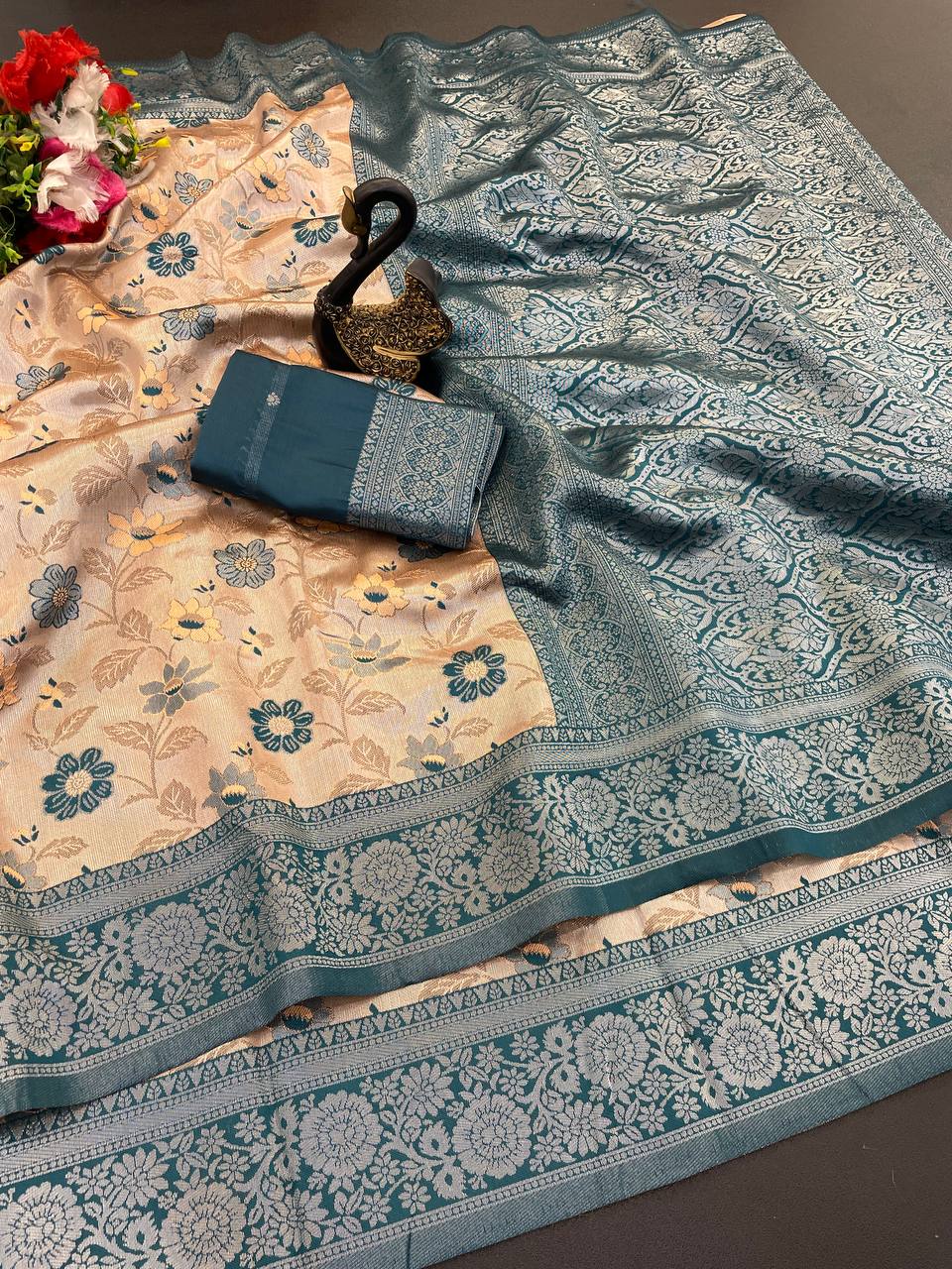 Stunner Peach Soft Banarasi Tissue Silk Saree With Intricate Blouse Piece