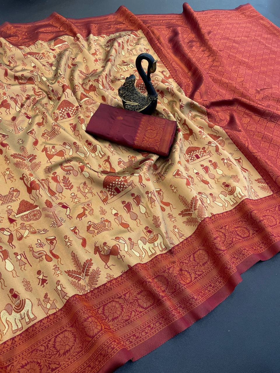 Epiphany Dark Beige Soft Banarasi Tissue Silk Saree With Inspiring Blouse Piece