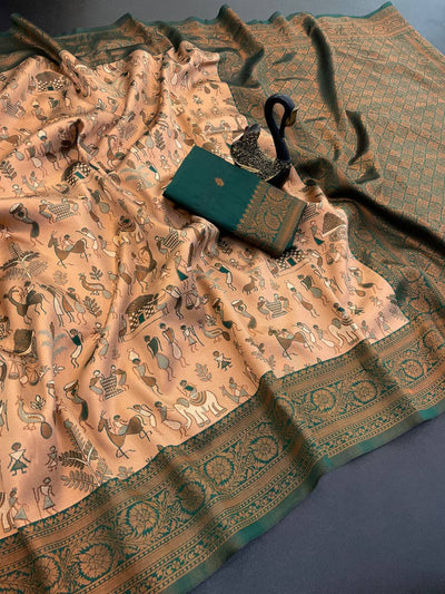 Adorning Peach Soft Banarasi Tissue Silk Saree With Rhapsody Blouse Piece