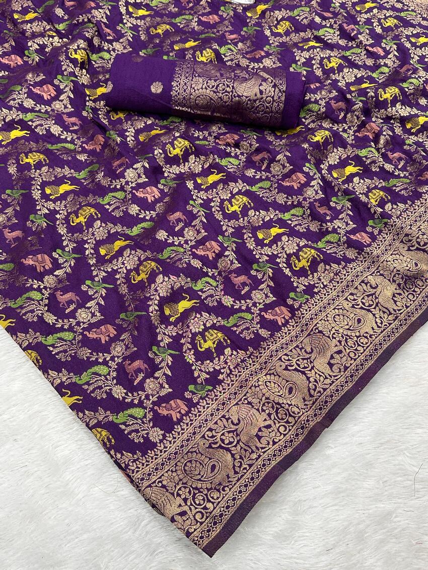 Lustrous Royal Purple Soft Banarasi Silk Saree With Eclat Blouse Piece