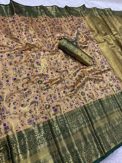 Beguiling Beige Kanjivaram Silk Saree With Profuse Blouse Piece