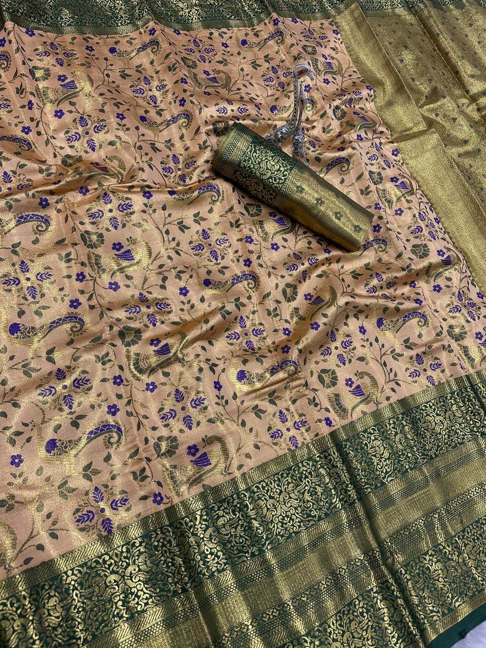 Beguiling Beige Kanjivaram Silk Saree With Profuse Blouse Piece