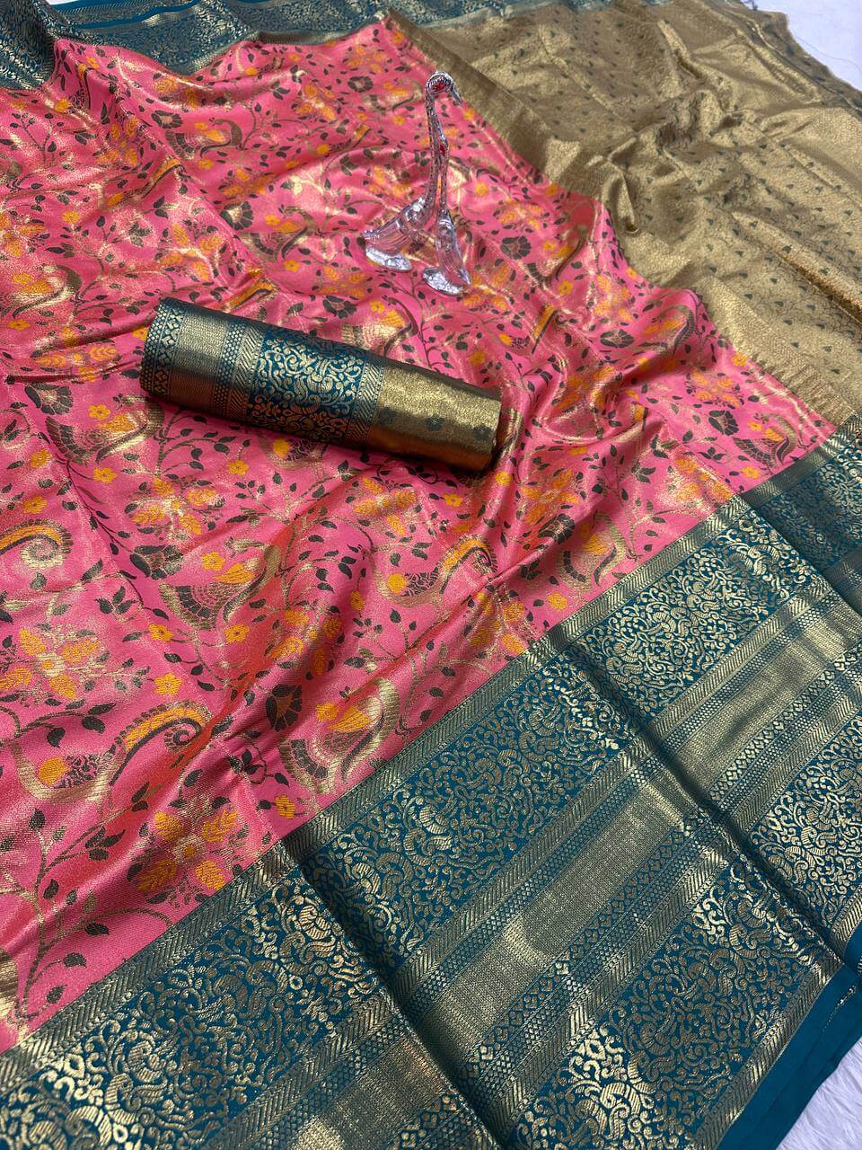 Capricious Pink Kanjivaram Silk Saree With Elision Blouse Piece