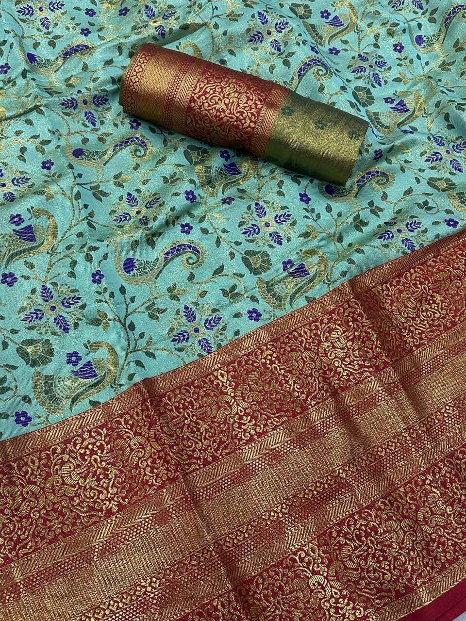 Conflate Sea Green Kanjivaram Silk Saree With Fragrant Blouse Piece