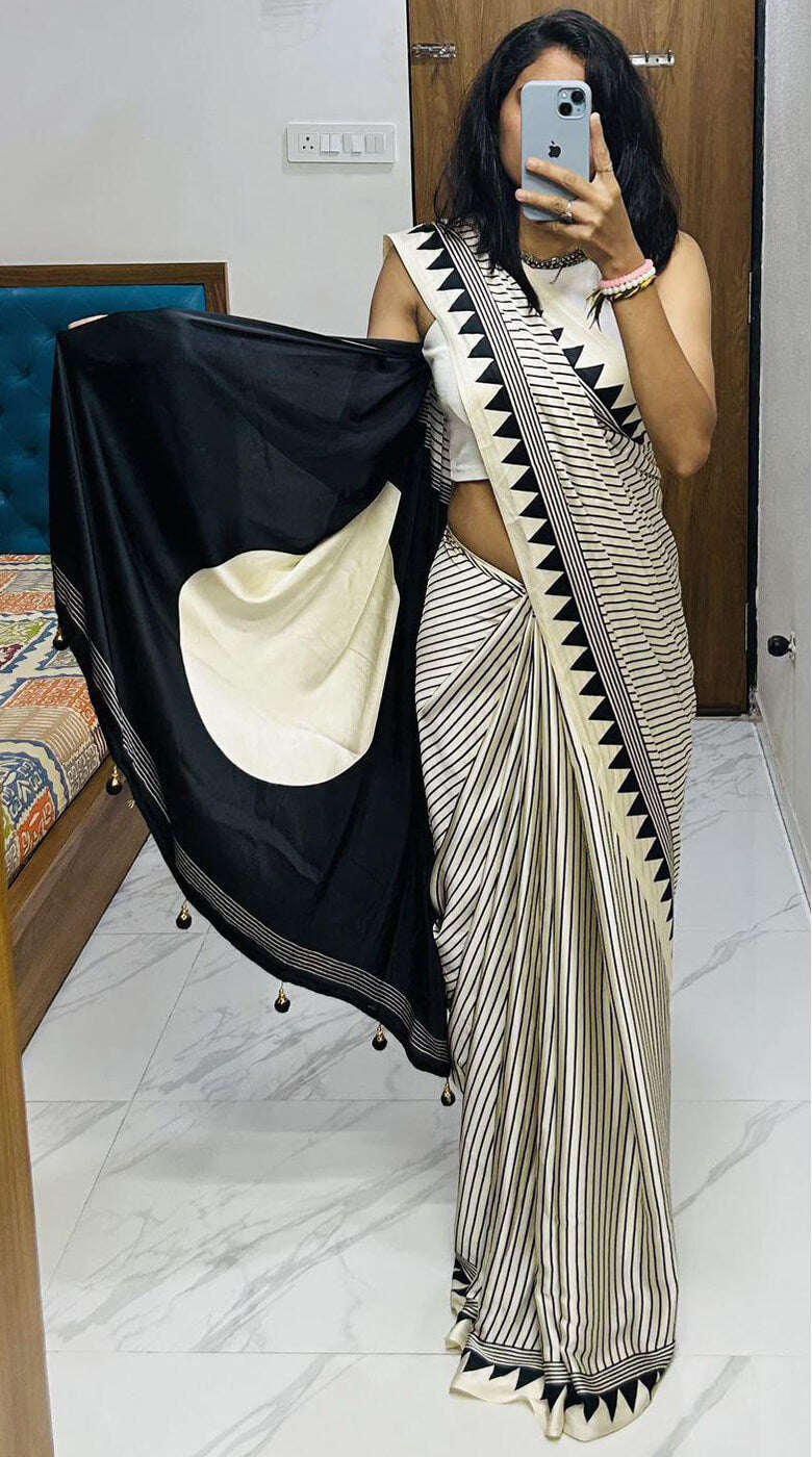 Enamoring Beige Digital Printed Crape Silk Saree With Gossamer Blouse Piece
