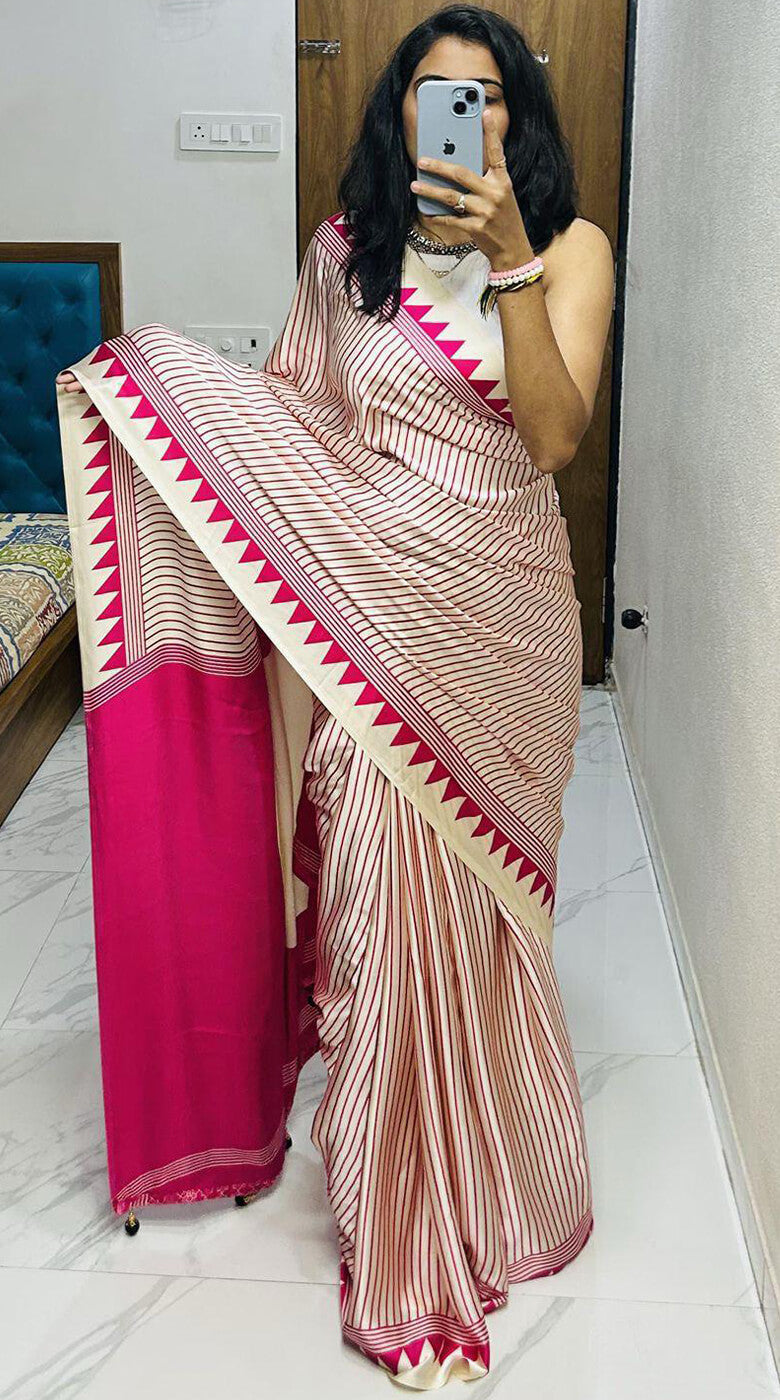 Gorgeous Beige Digital Printed Crape Silk Saree With Refreshing Blouse Piece