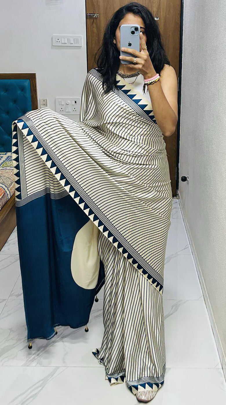 Rhapsodic Beige Digital Printed Crape Silk Saree With Fairytale Blouse Piece