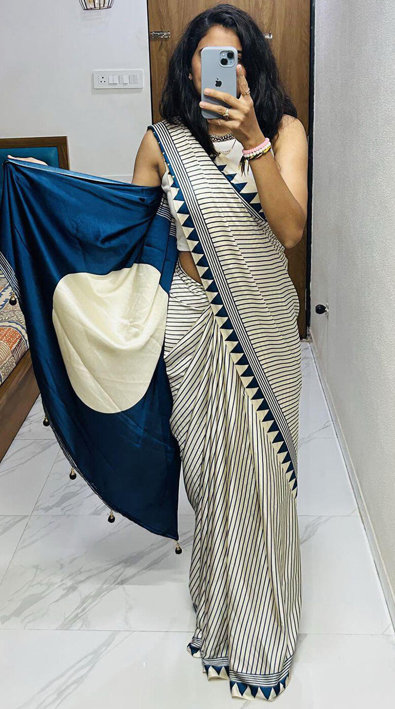 Rhapsodic Beige Digital Printed Crape Silk Saree With Fairytale Blouse Piece