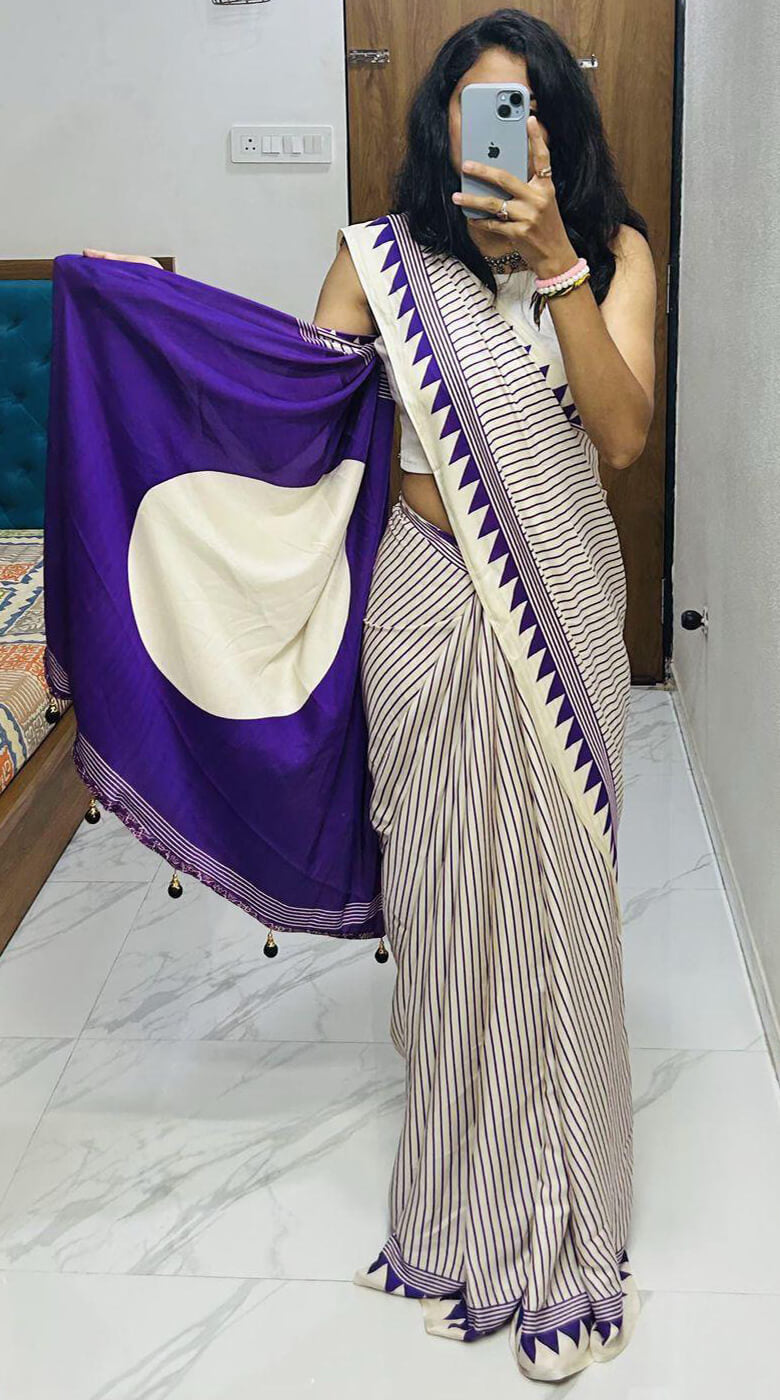 Quintessential Beige Digital Printed Crape Silk Saree With Ornate Blouse Piece