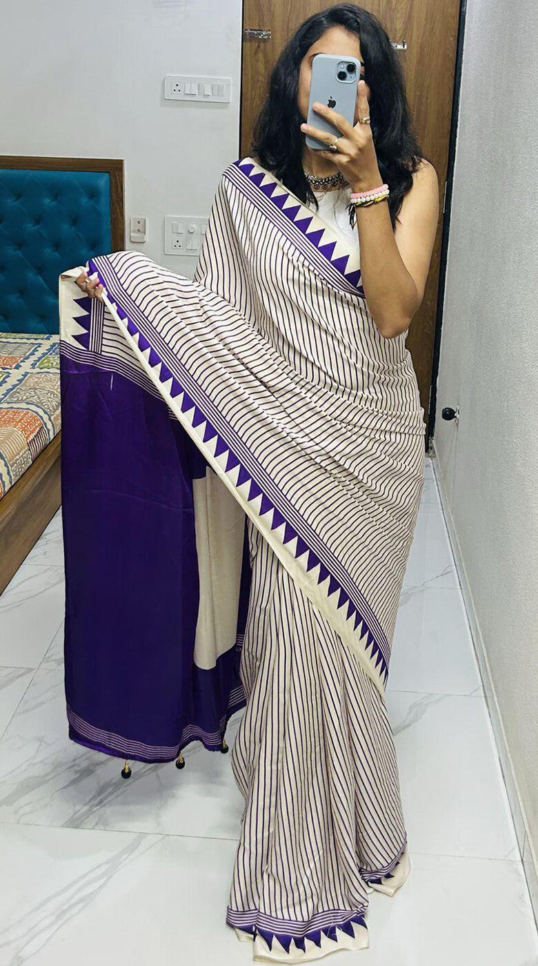 Quintessential Beige Digital Printed Crape Silk Saree With Ornate Blouse Piece