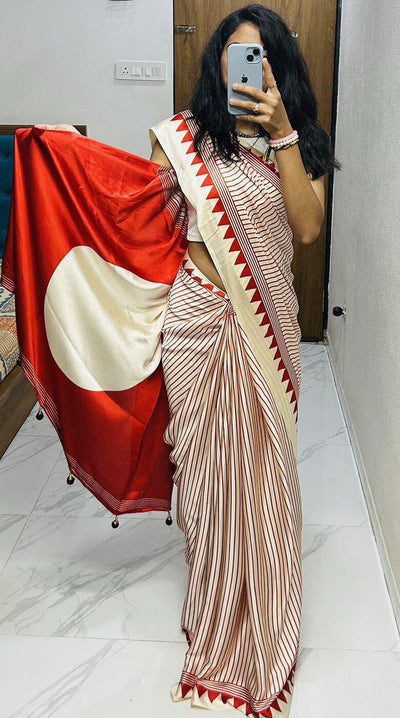 Imbrication Beige Digital Printed Crape Silk Saree With Posh Blouse Piece