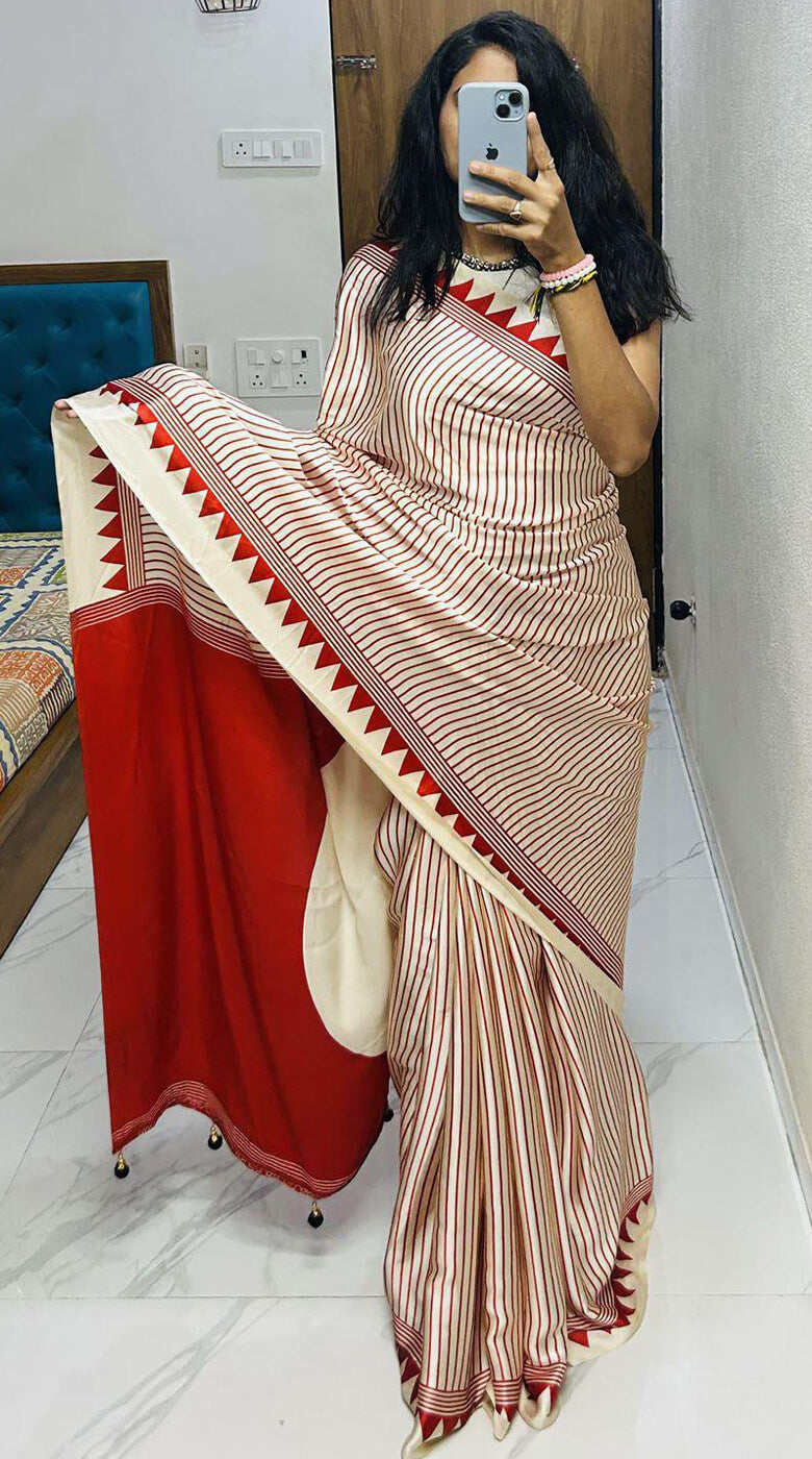Imbrication Beige Digital Printed Crape Silk Saree With Posh Blouse Piece