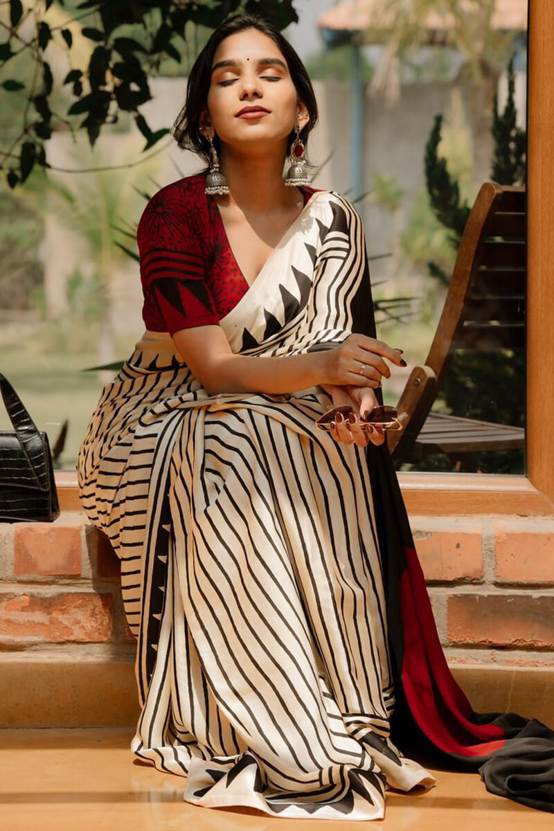 Glorious Beige Digital Printed Crape Silk Saree With Whimsical Blouse Piece