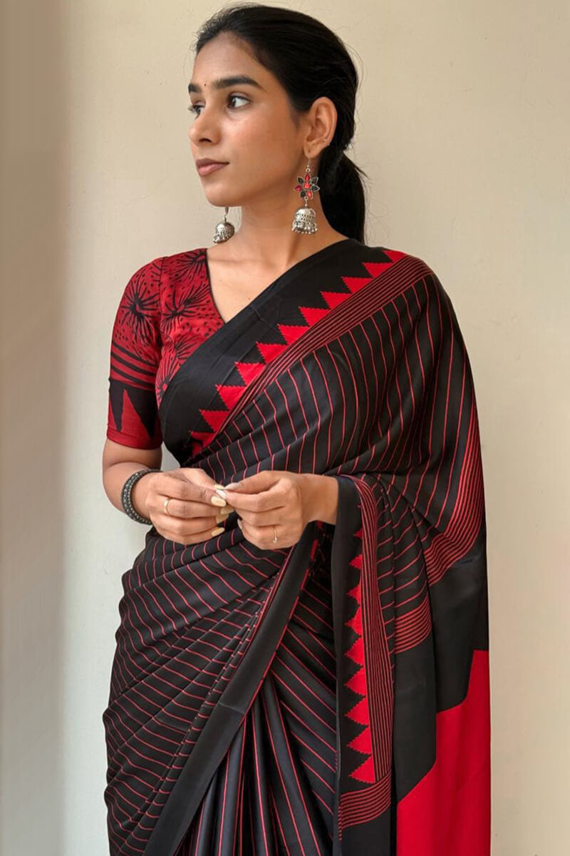 Unequalled Black Digital Printed Crape Silk Saree With Winsome Blouse Piece
