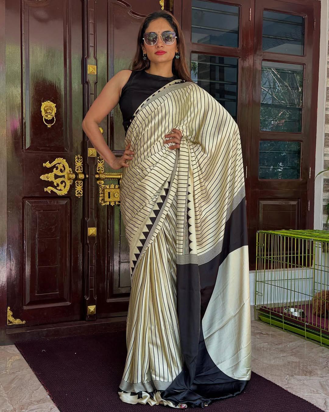 Diaphanous Beige Digital Printed Crape Silk Saree With Nectarous Blouse Piece