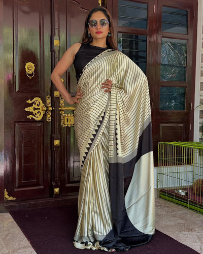 Diaphanous Beige Digital Printed Crape Silk Saree With Nectarous Blouse Piece