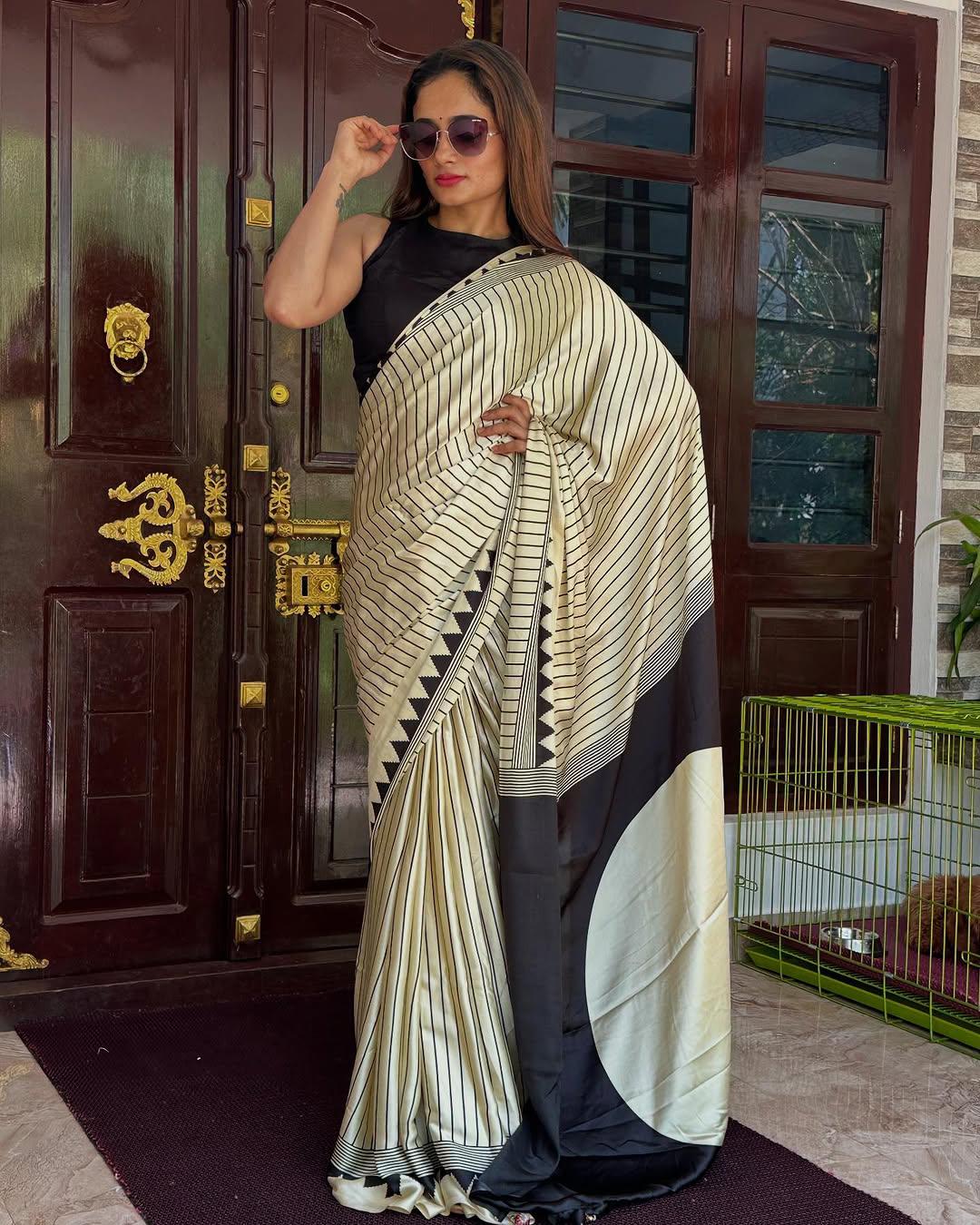 Diaphanous Beige Digital Printed Crape Silk Saree With Nectarous Blouse Piece