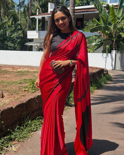 Energetic Red Digital Printed Crape Silk Saree With Adorning Blouse Piece