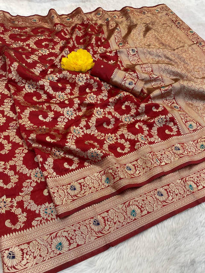 Enthralling Red Soft Banarasi Silk Saree With Redolent Blouse Piece