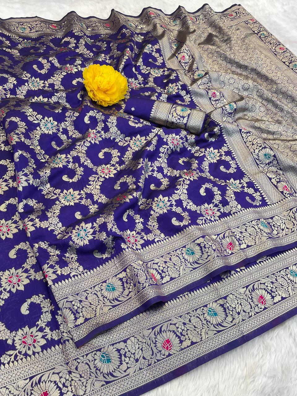 Winsome Royal Blue Soft Banarasi Silk Saree With Adorning Blouse Piece