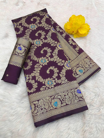 Seraglio Wine Soft Banarasi Silk Saree With Invaluable Blouse Piece