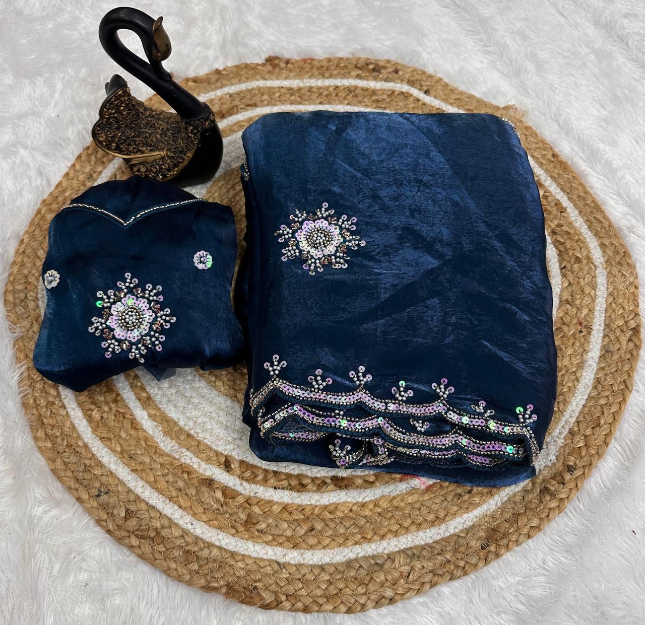 Traditional Blue Sequence Work Fandy Silk Saree With Demure Blouse Piece