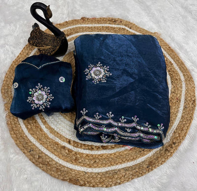 Traditional Blue Sequence Work Fandy Silk Saree With Demure Blouse Piece