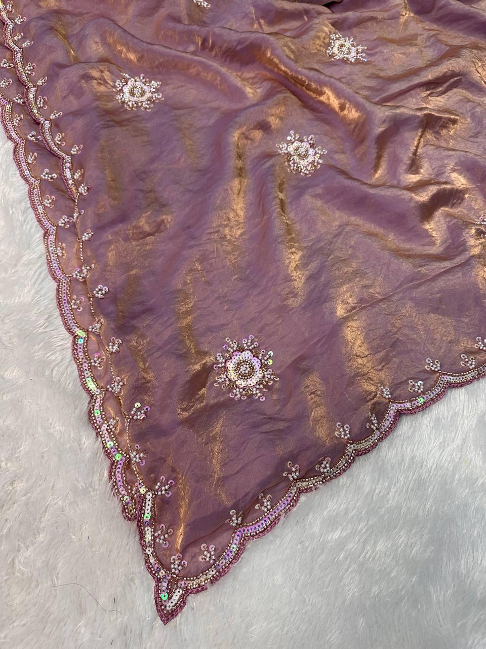 Gratifying Lavender Sequence Work Fandy Silk Saree With Vivacious Blouse Piece