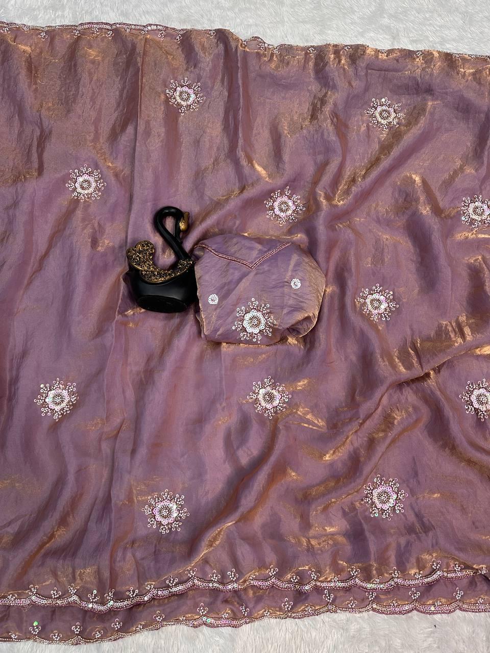 Gratifying Lavender Sequence Work Fandy Silk Saree With Vivacious Blouse Piece