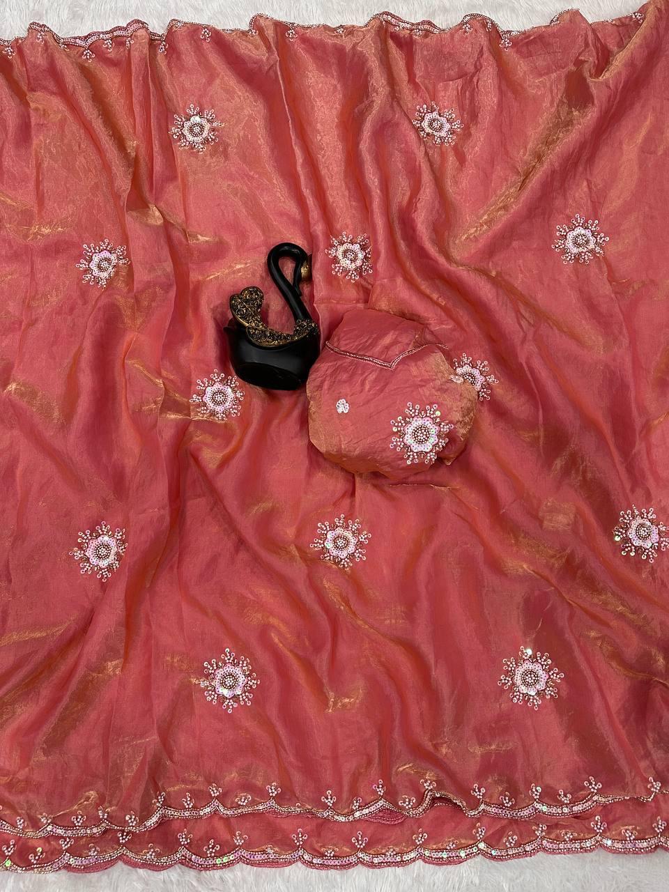 Scintilla Pink Sequence Work Fandy Silk Saree With Eloquence Blouse Piece