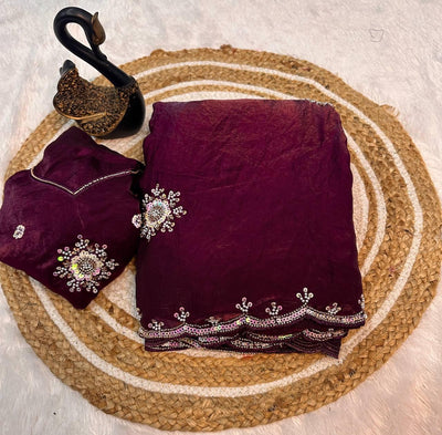 Glowing Purple Sequence Work Fandy Silk Saree With Fairytale Blouse Piece