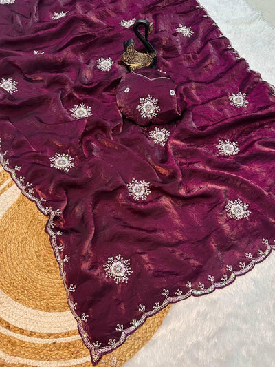 Glowing Purple Sequence Work Fandy Silk Saree With Fairytale Blouse Piece