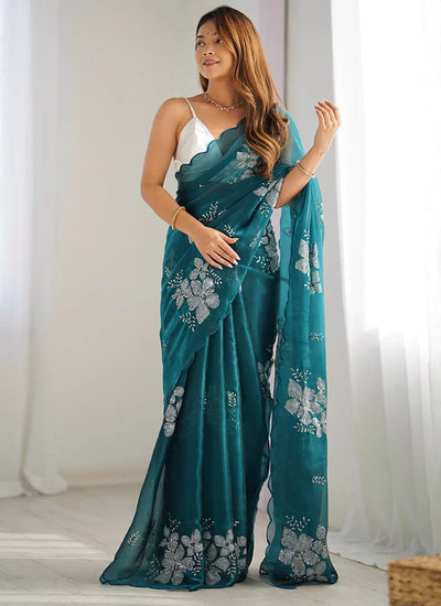 Glowing Blue Sequence Work Jimmy Choo Silk Saree With Fairytale Blouse Piece