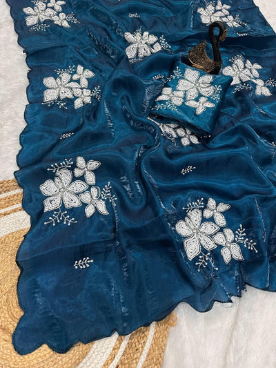 Glowing Blue Sequence Work Jimmy Choo Silk Saree With Fairytale Blouse Piece